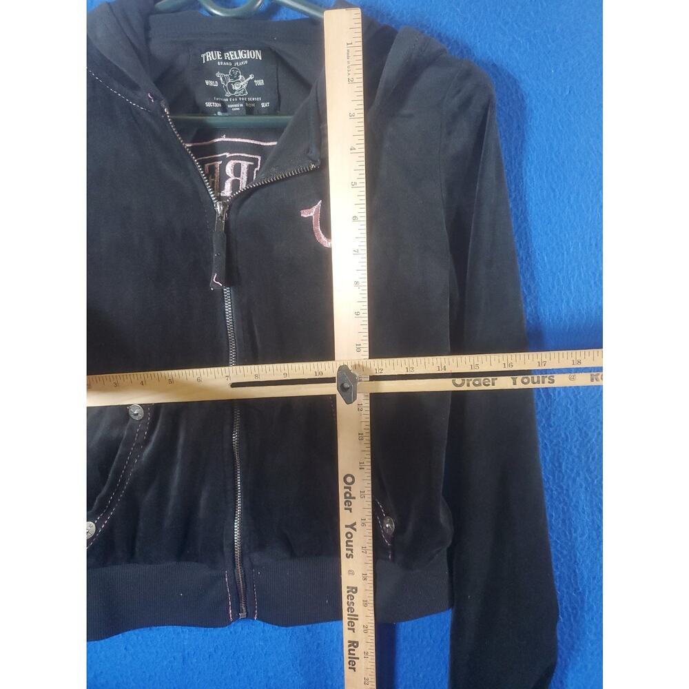 True Religion Womens Velour Zip Up Hoodie Black Pink Crystal Buddha Shrunken XS - Picture 8 of 16